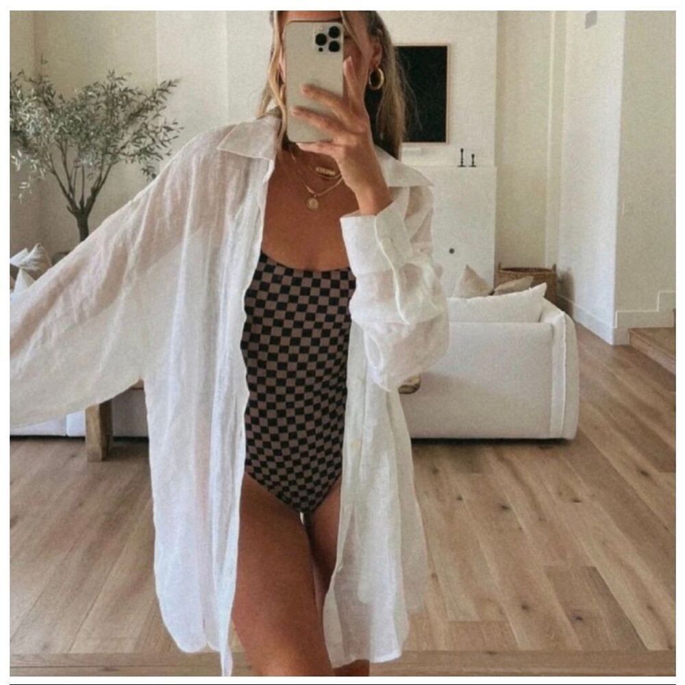 Tan Lines 1/Small Tulum White Linen Button Down Cover Up Tunic